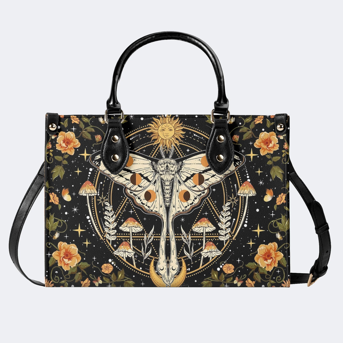 Retro Bohemian Sun Moon Star Moth - Leather Handbag