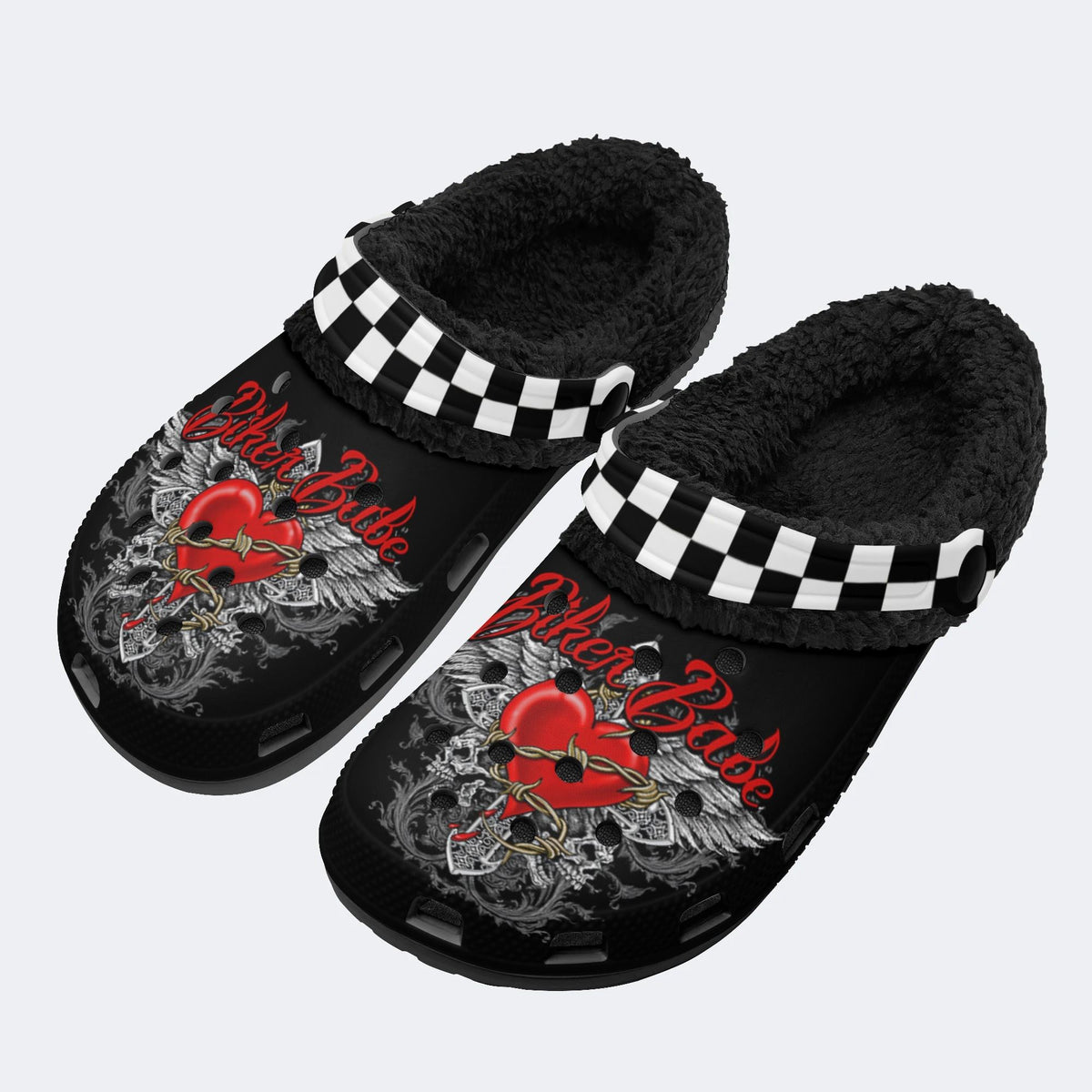 Biker Babe Heart Print - Fur Lined Slippers/Sandals