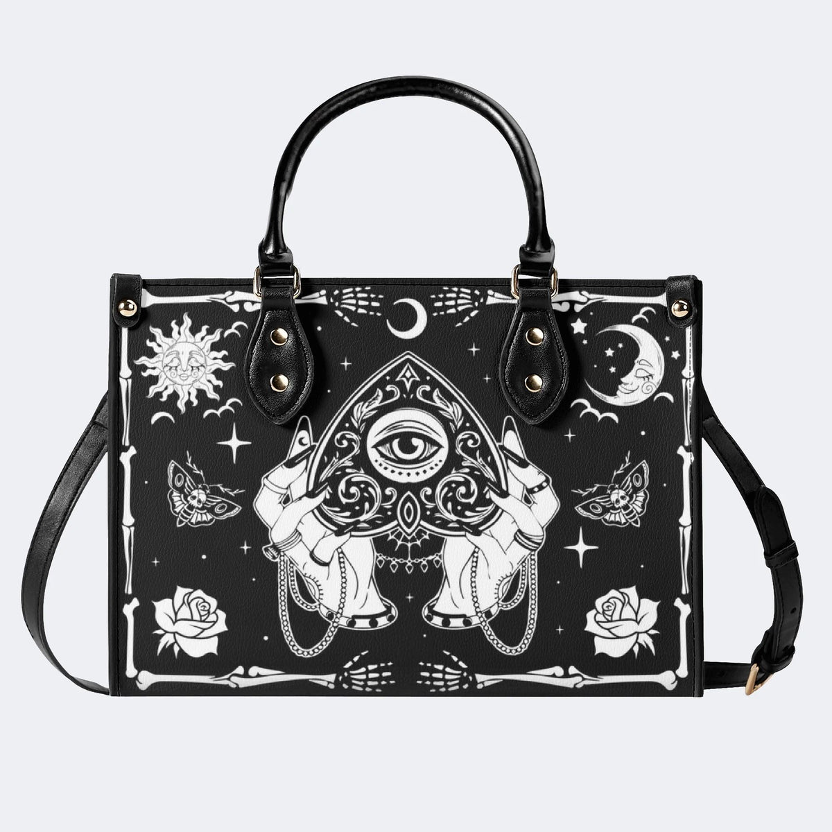 Poker Eyes And Moth Print - Leather Handbag