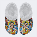 Unisex Christ Mary Graffiti Art Print - Fur Lined Slippers/Sandals