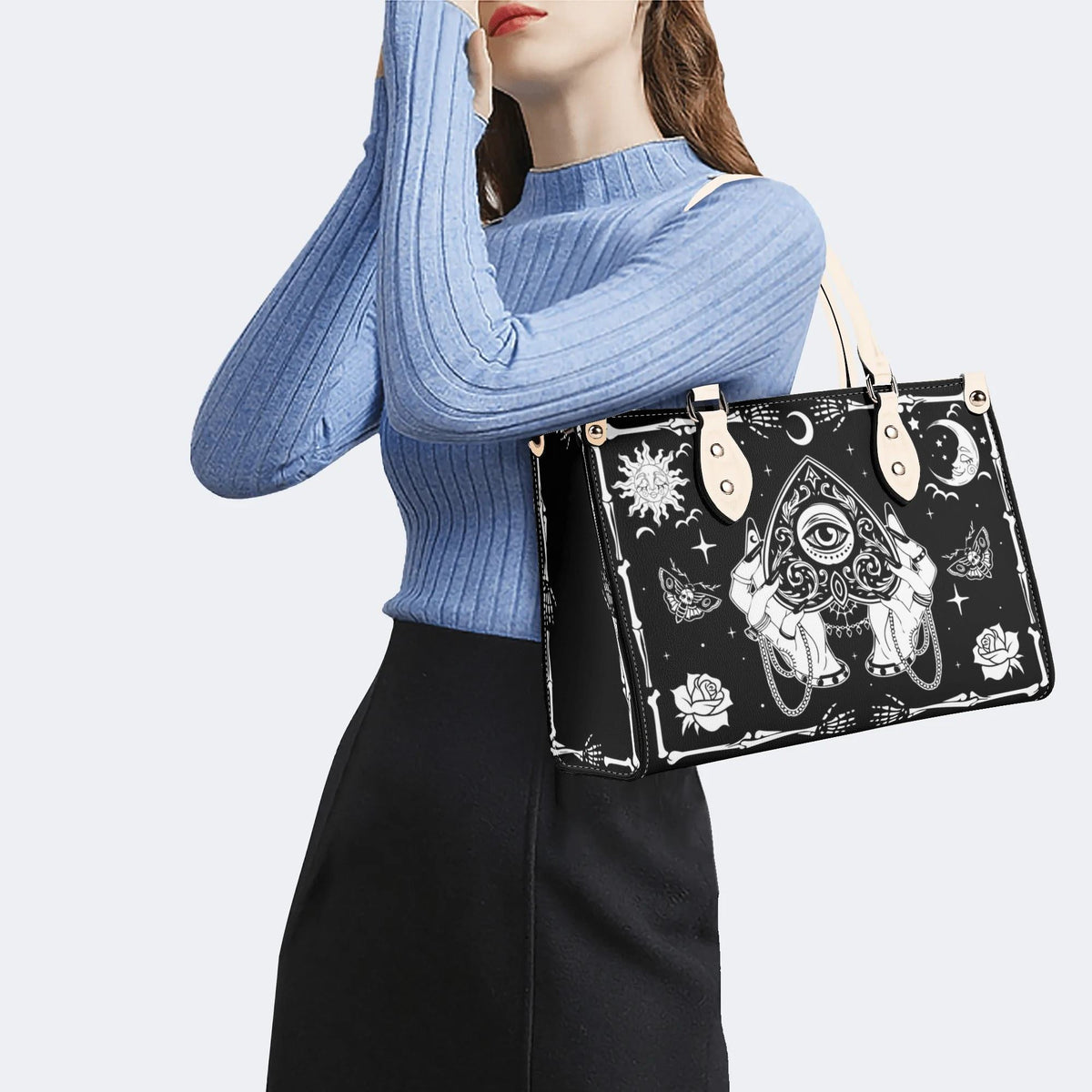 Poker Eyes And Moth Print - Leather Handbag