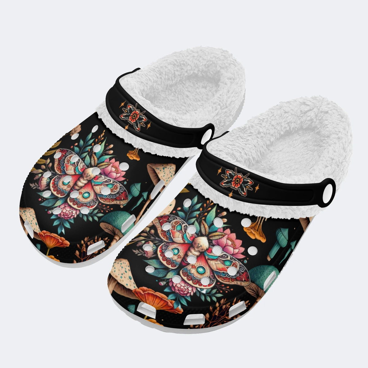 Moth Floral Mushroom Print - Removable Fur Lined Slippers/Sandals