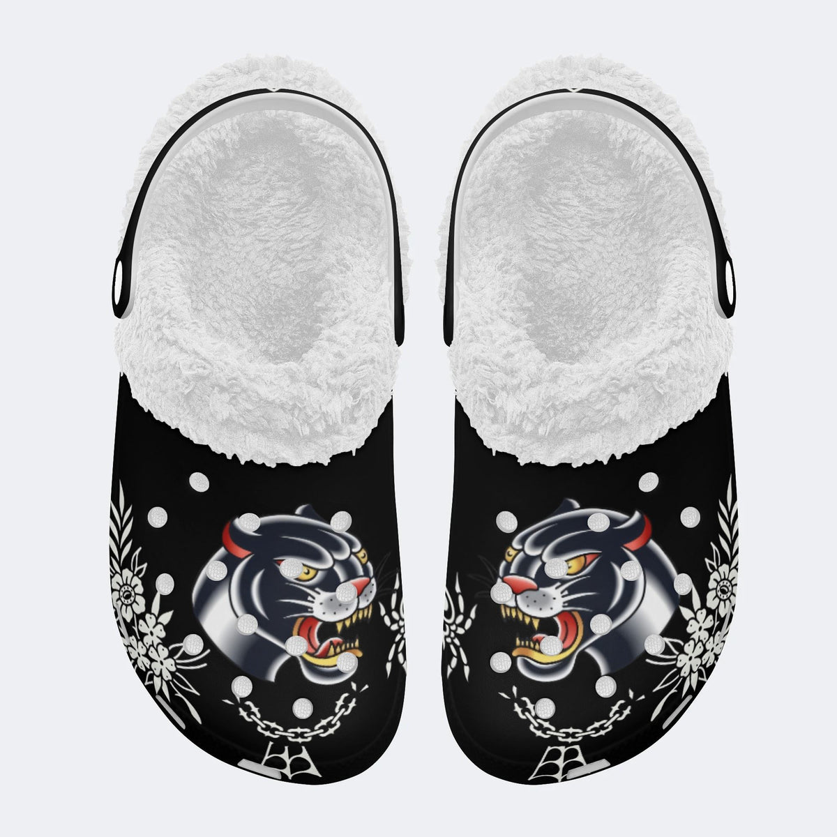 Angry Panther Print - Fur Lined Slippers/Sandals