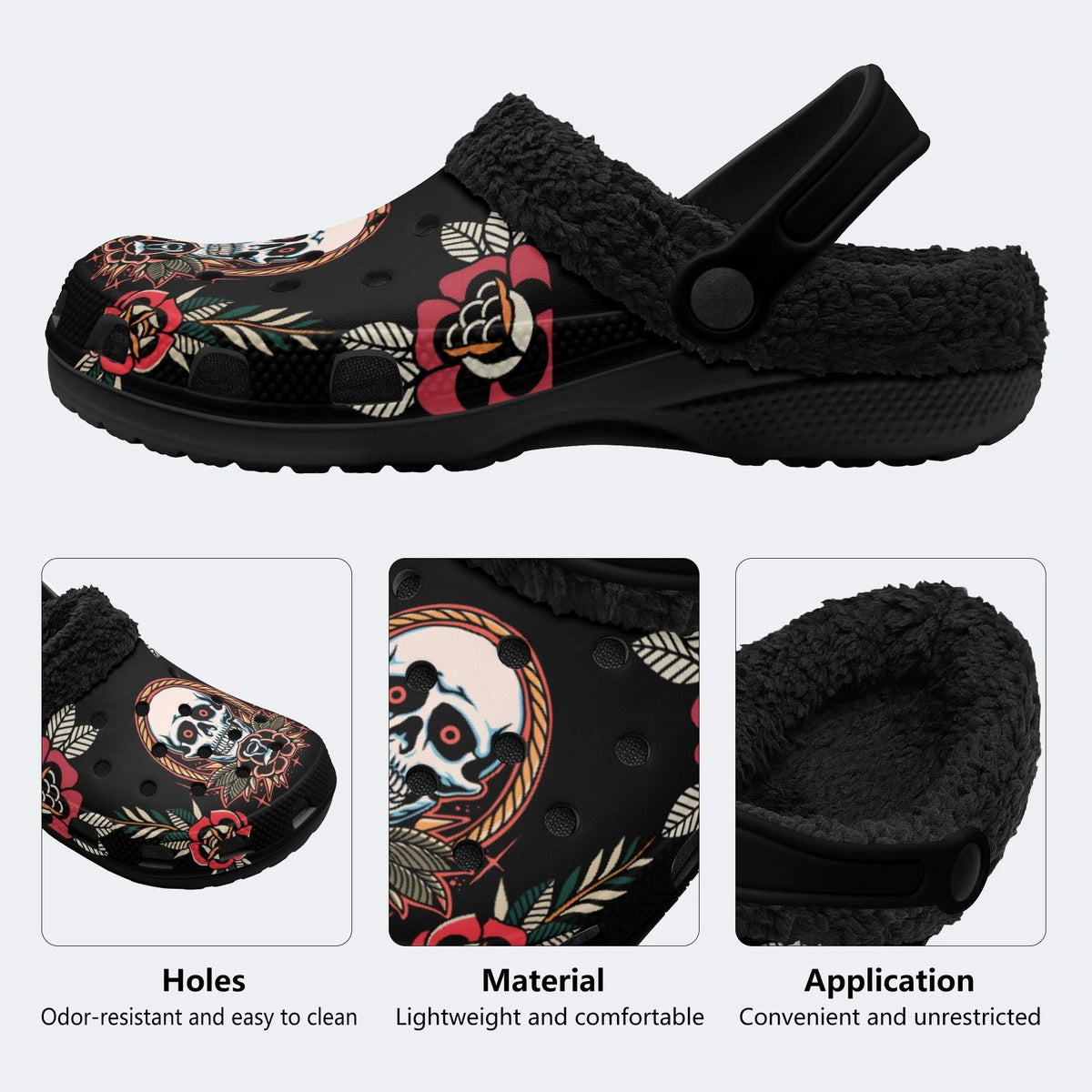 Horror Flower Skull Print - Fur Lined Slippers/Sandals