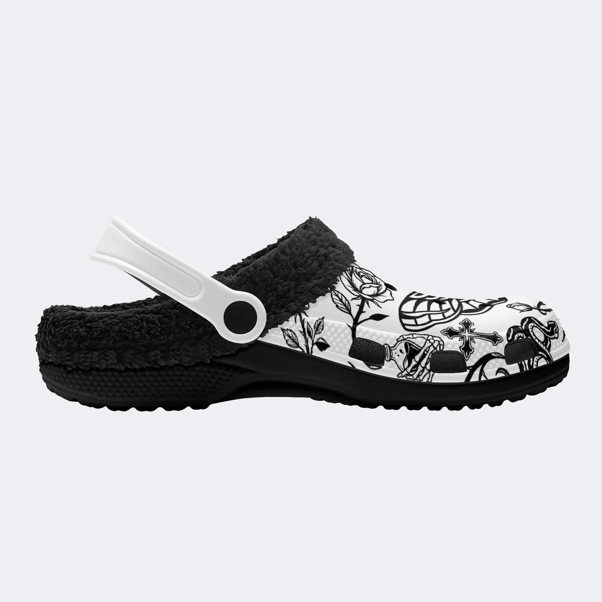 Gothic Death Moth Skull Rose Cross - Fur Lined Slippers/Sandals