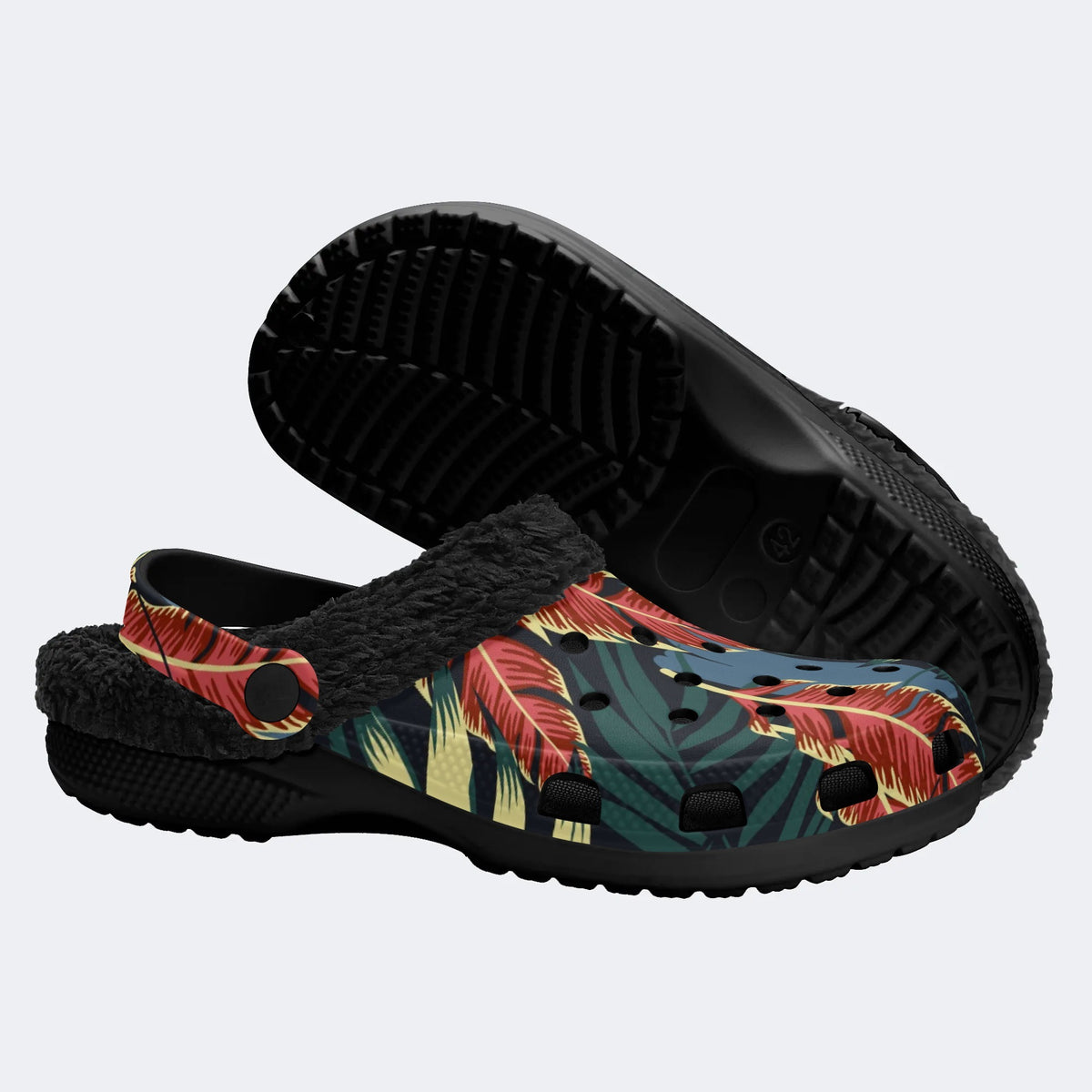 Unisex Leaves Print - Fur Lined Slippers/Sandals