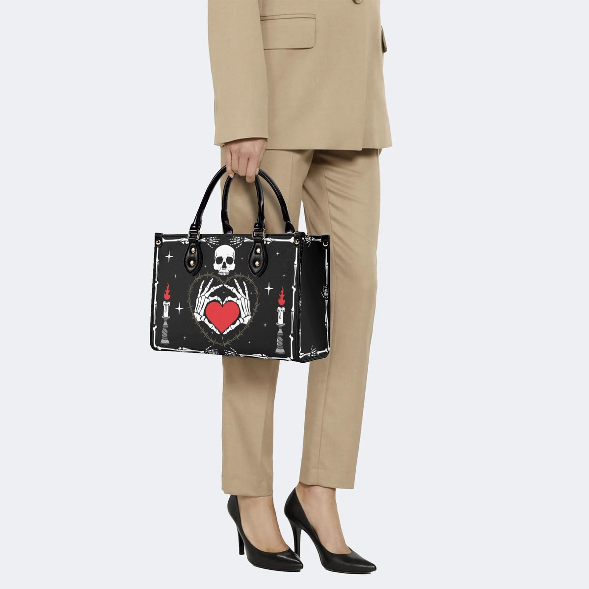 Retro Skull Heart Print - Leather Handbag