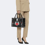 Retro Skull Heart Print - Leather Handbag