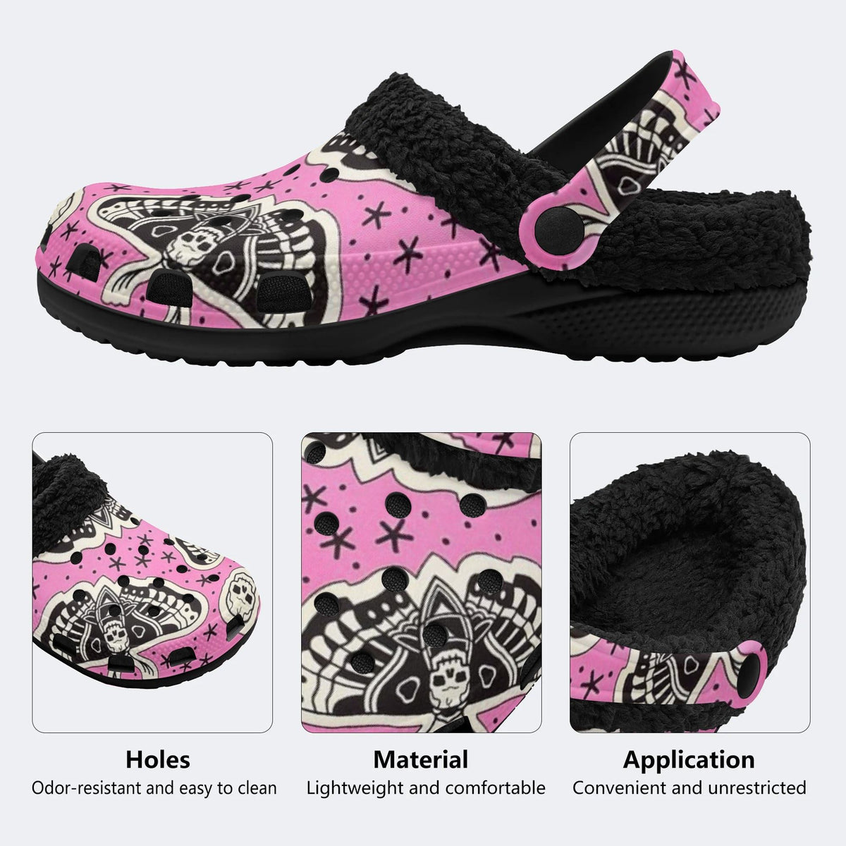 Pink Moth Skull - Fur Lined Slippers/Sandals