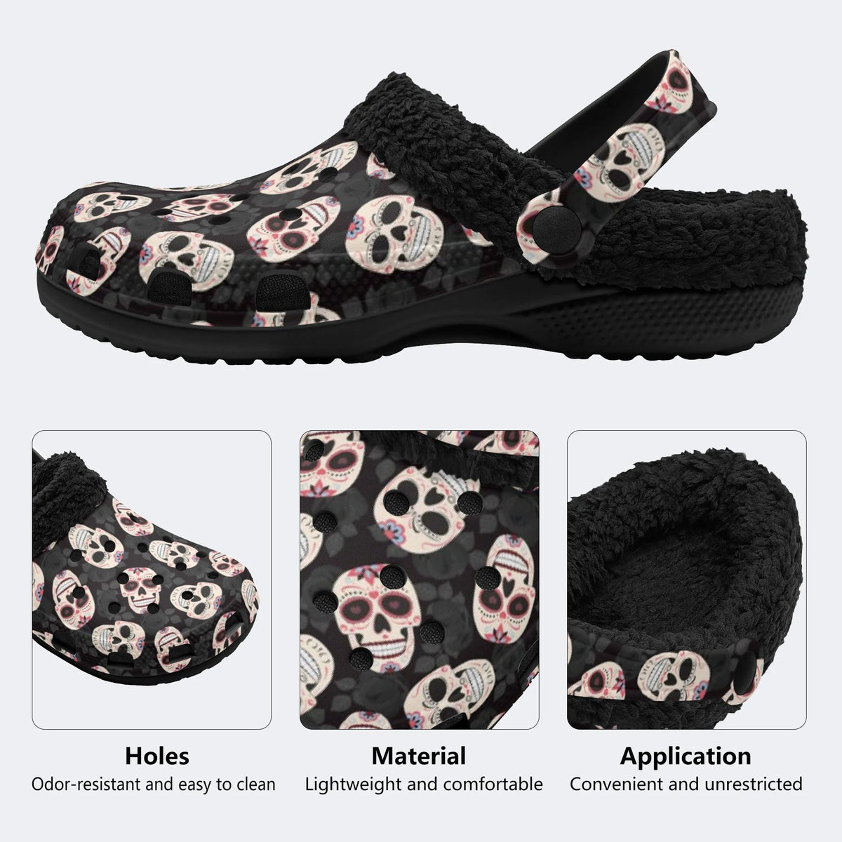 Day Dead Rose Skulls - Fur Lined Slippers/Sandals