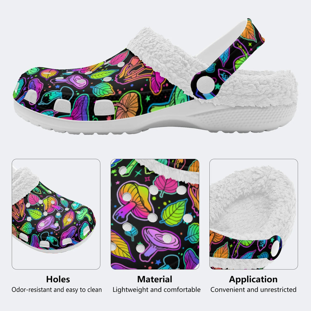 Psychedelic Colors Mushrooms Print - Fur Lined Slippers/Sandals