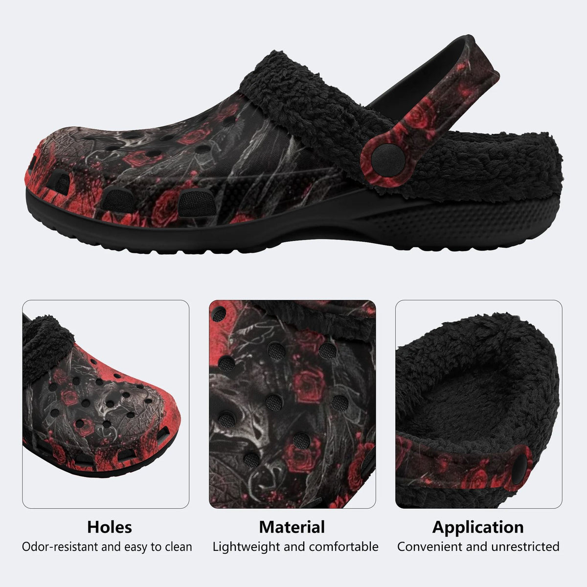 Skull Red Rose - Fur Lined Slippers/Sandals
