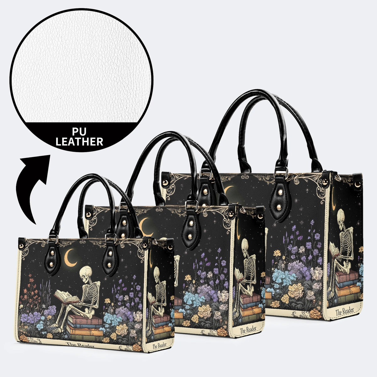 Skeleton Reading A Book Among Flowers - Leather Handbag