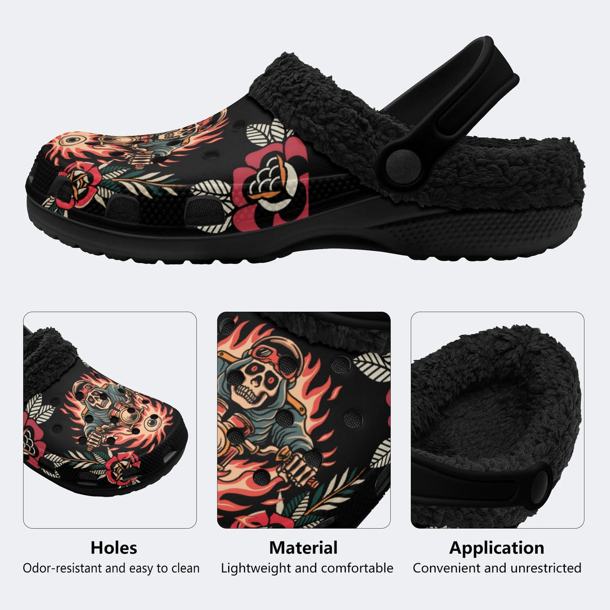 Skull Biker Print - Fur Lined Slippers/Sandals