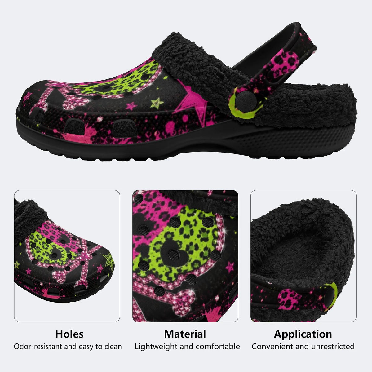 Neon Star Crossbones Skull - Fur Lined Slippers/Sandals
