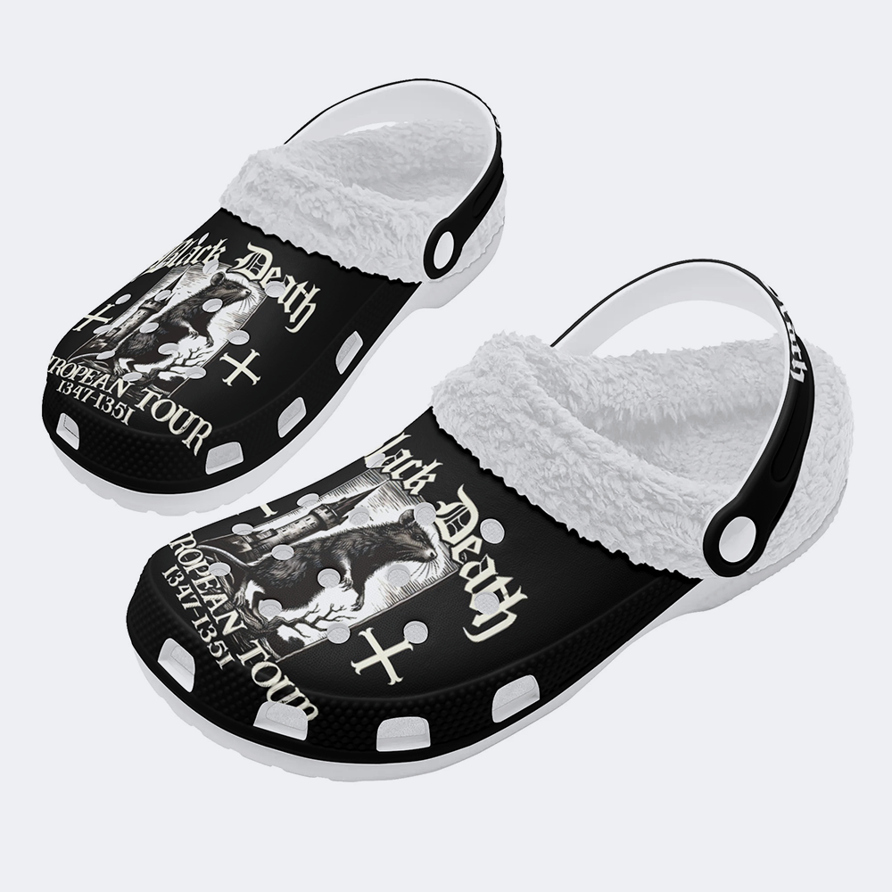 Black Death Print - Fur Lined Slippers/Sandals