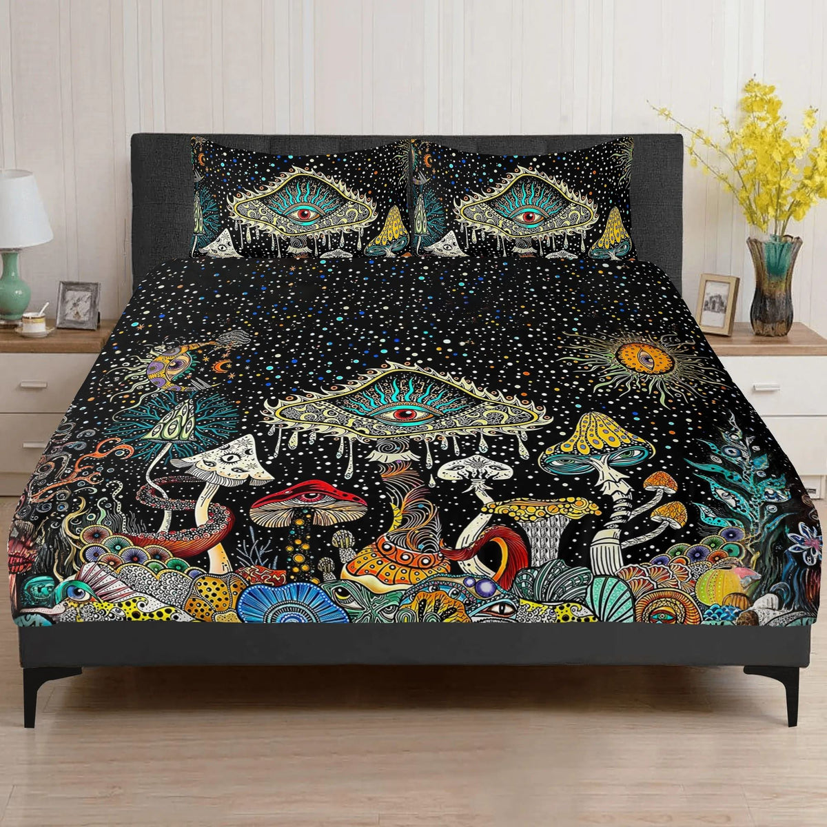 Retro Dark Mushroom Eyes Halloween Print - Three Piece Bedding Set