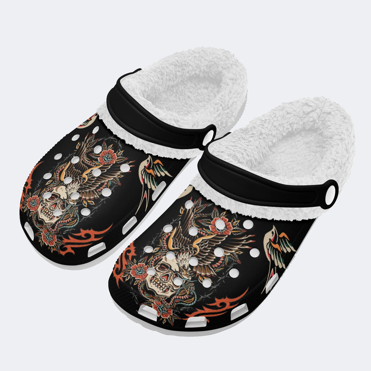 Old School Eagle&Snake&Skull Print - Fur Lined Slippers/Sandals