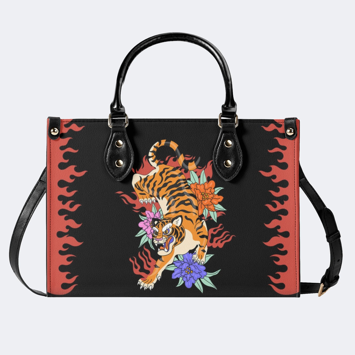 Old School Tiger and Flower Print - Leather Handbag