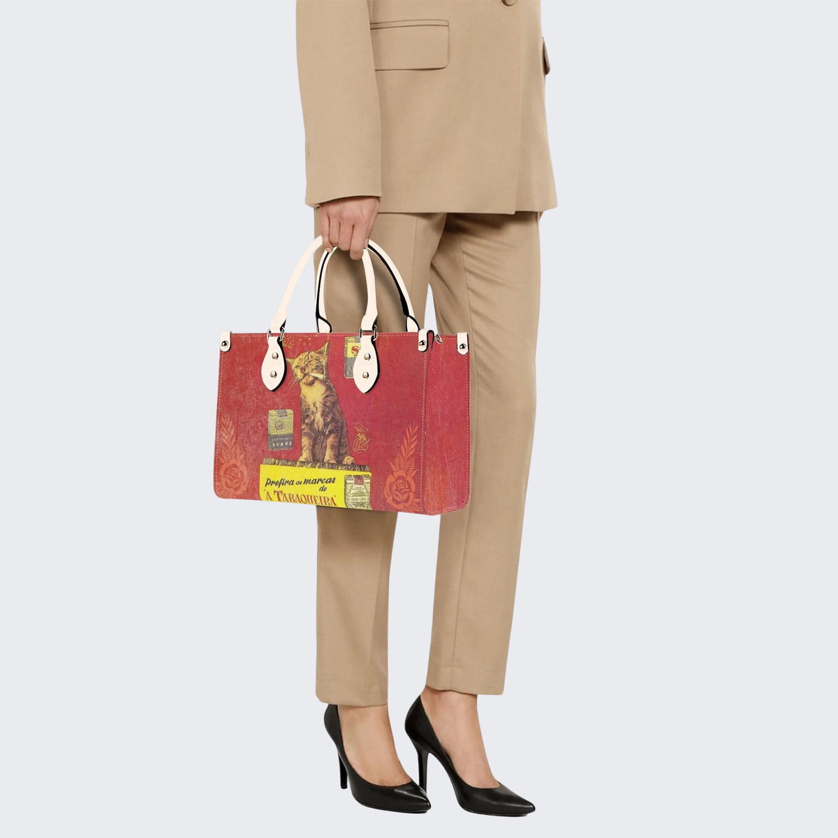 Retro Smoking Cat - Leather Handbag
