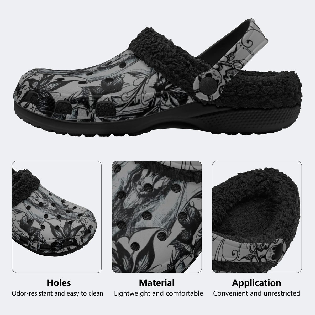 Gothic Floral Bat Print - Fur Lined Slippers/Sandals