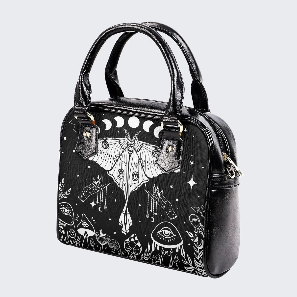 White Moth On Mushroom Bush - Leather Shoulder Handbag