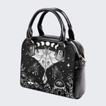 White Moth On Mushroom Bush - Leather Shoulder Handbag