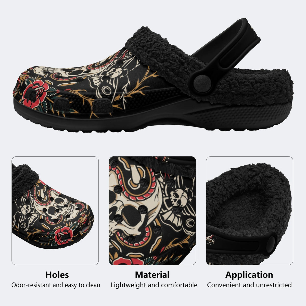 Tattoo Skull Snake Rose - Fur Lined Slippers/Sandals
