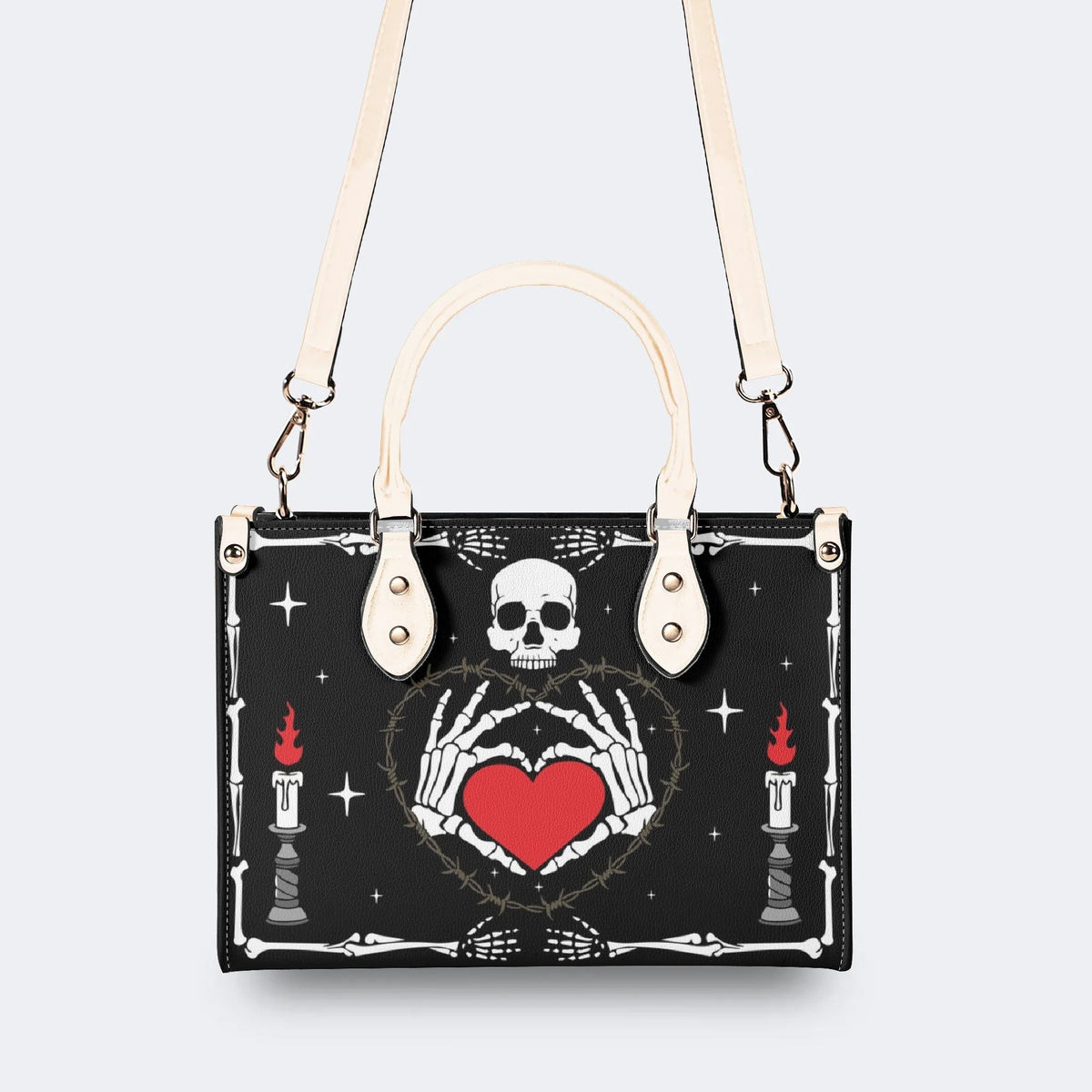 Retro Skull Heart Print - Leather Handbag