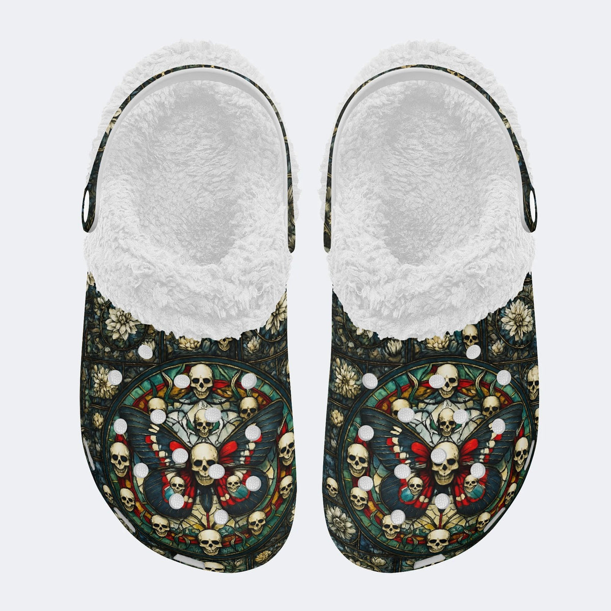 Skull And Moth Print - Fur Lined Slippers/Sandals