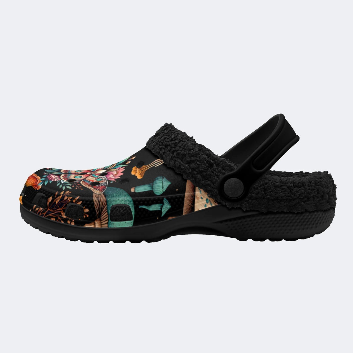 Moth Floral Mushroom Print - Removable Fur Lined Slippers/Sandals