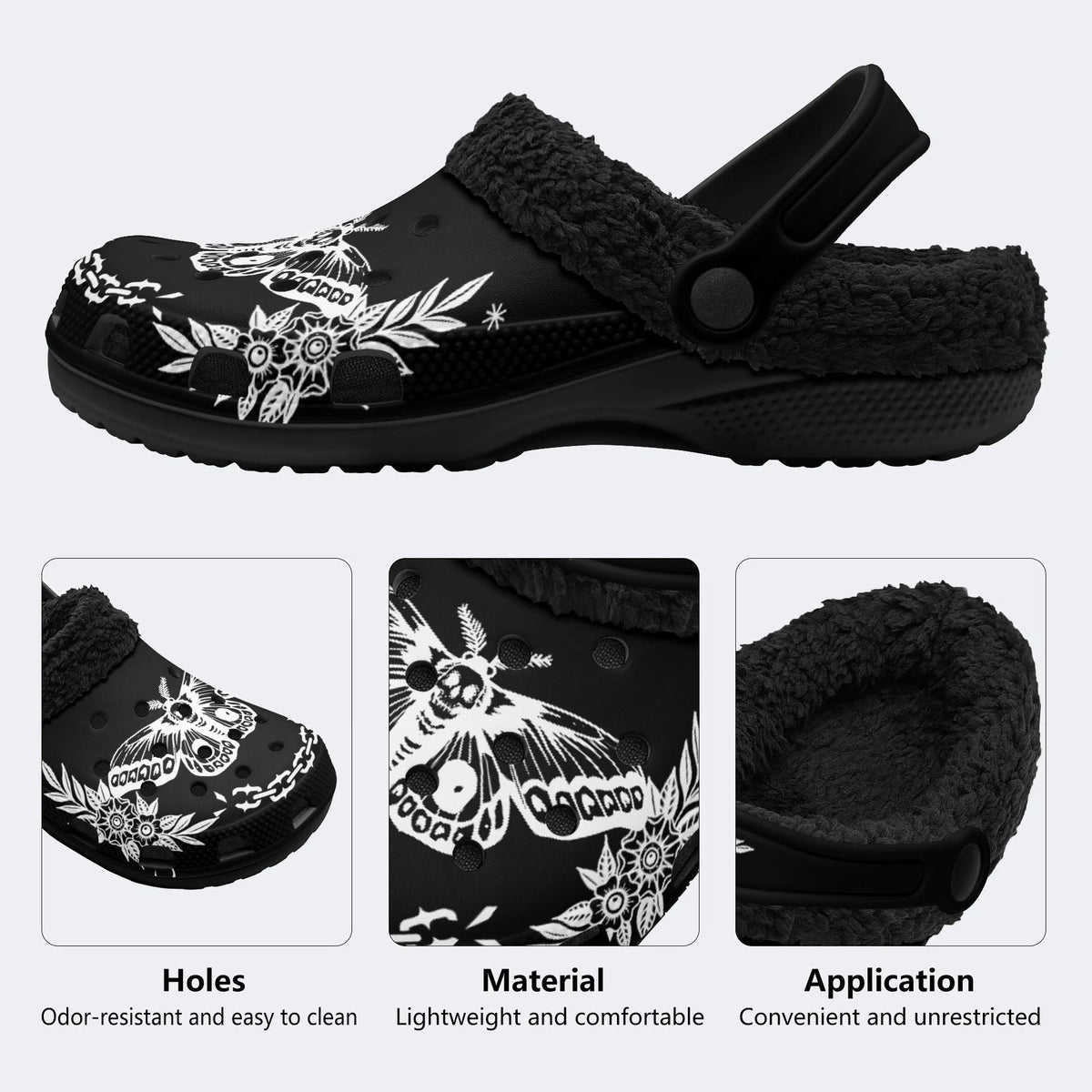 Death Moth Vintage Print- Fur Lined Slippers/Sandals