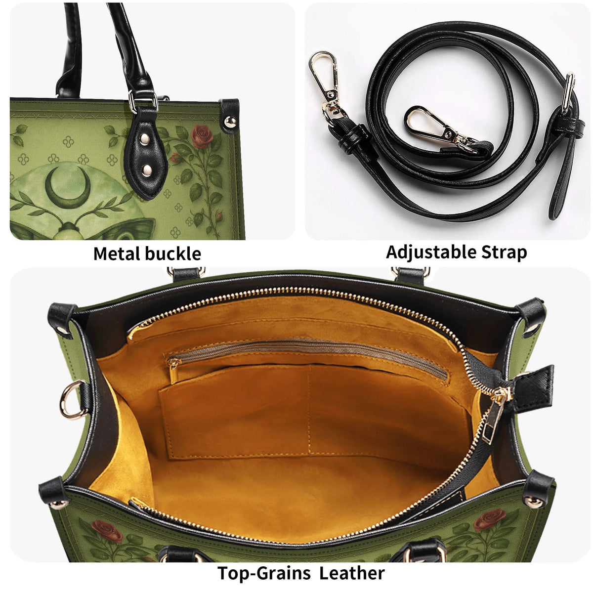 Green Death Moth Floral Print - Leather Handbag