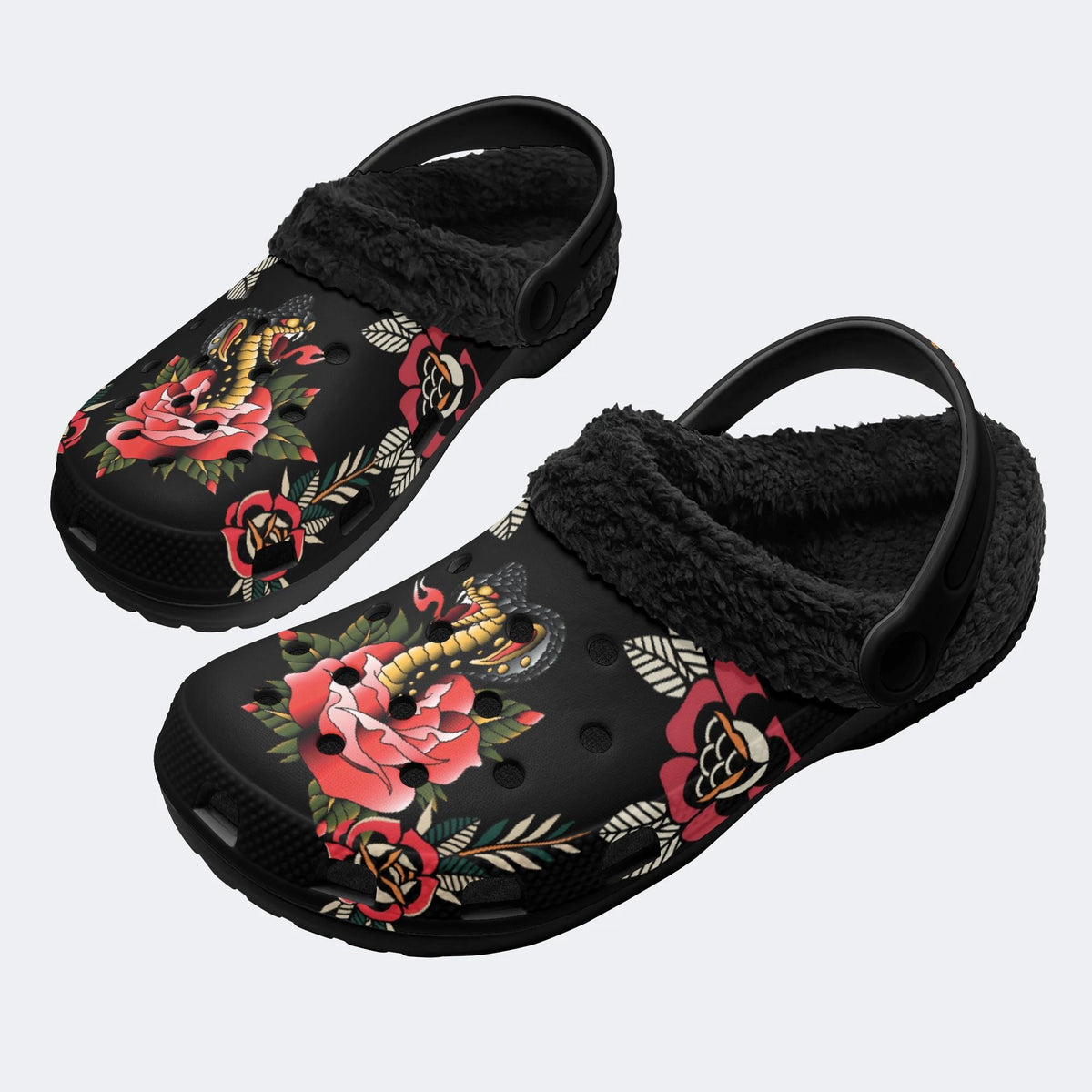 Cobra&Flowers Print - Fur Lined Slippers/Sandals