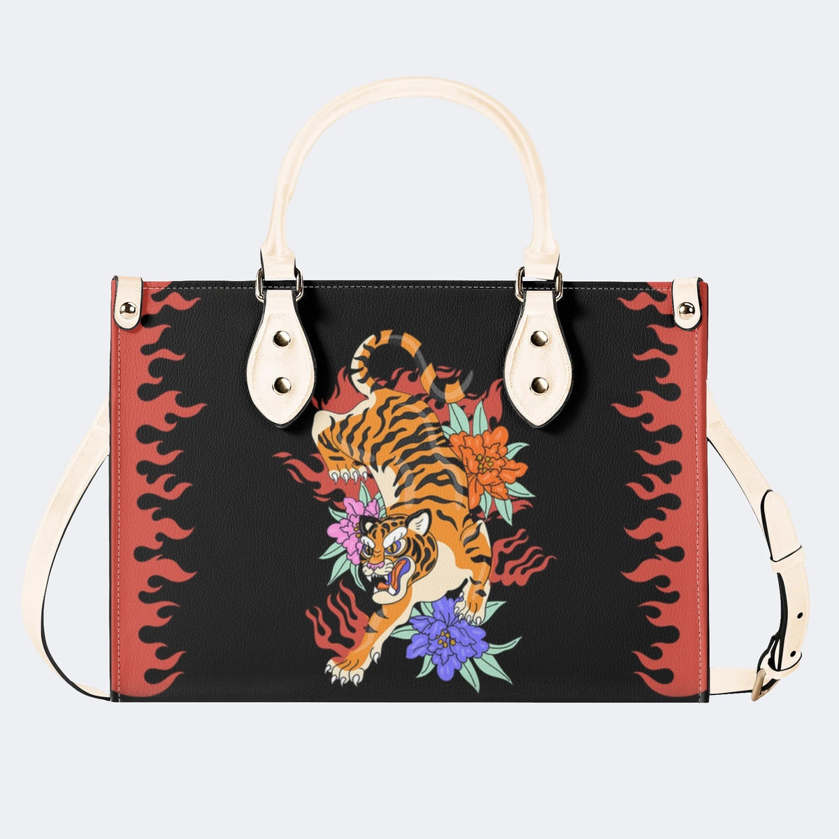 Old School Tiger and Flower Print - Leather Handbag