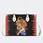 Old School Tiger and Flower Print - Leather Handbag
