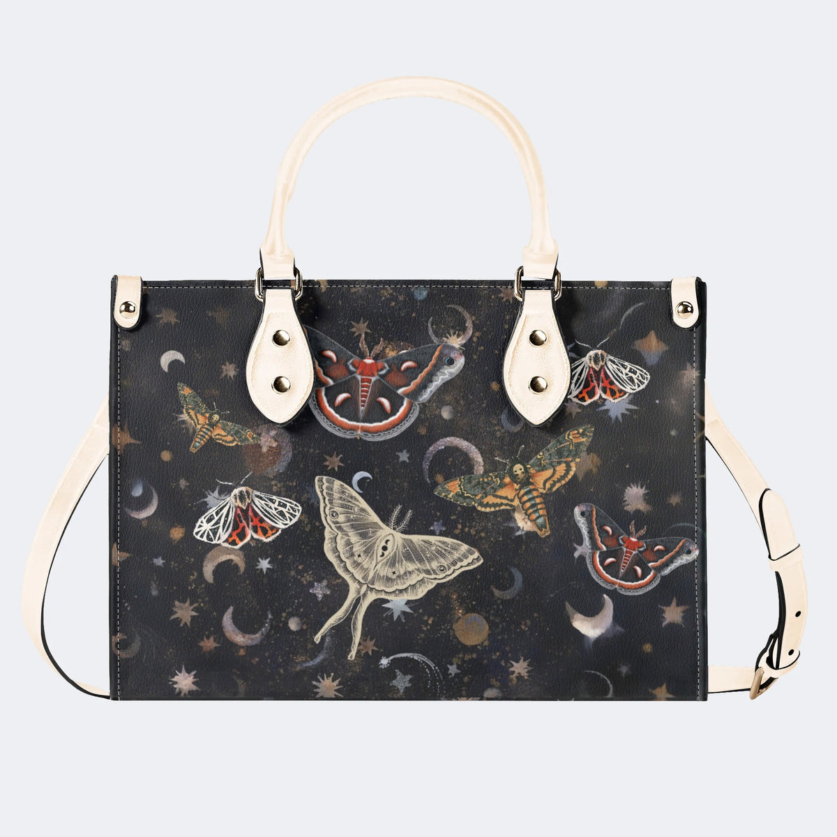 Retro Dark Moth Print - Leather Handbag