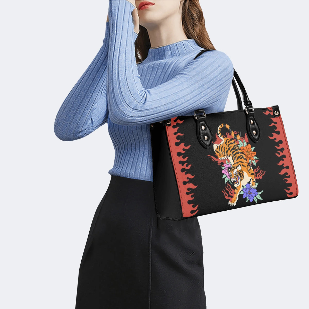 Old School Tiger and Flower Print - Leather Handbag