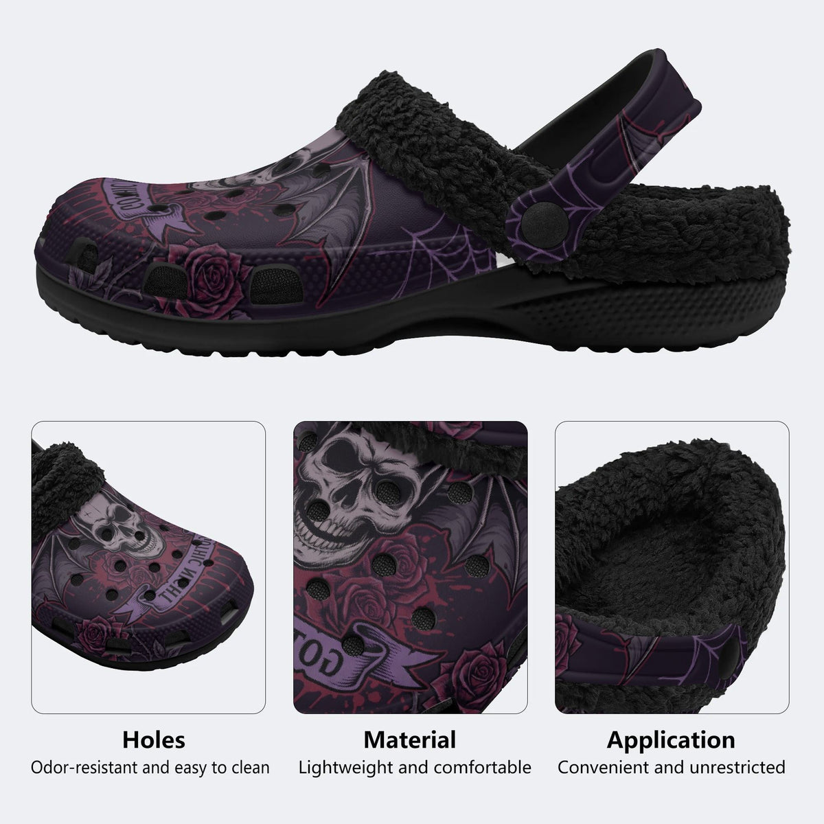 Gothic Winged Skull Dark Rose Spider Web - Fur Lined Slippers/Sandals