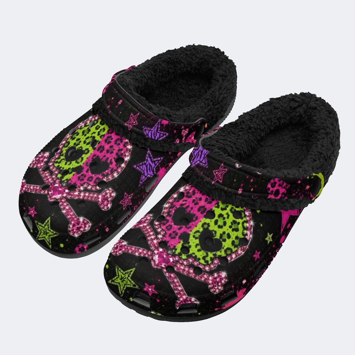 Neon Star Crossbones Skull - Fur Lined Slippers/Sandals