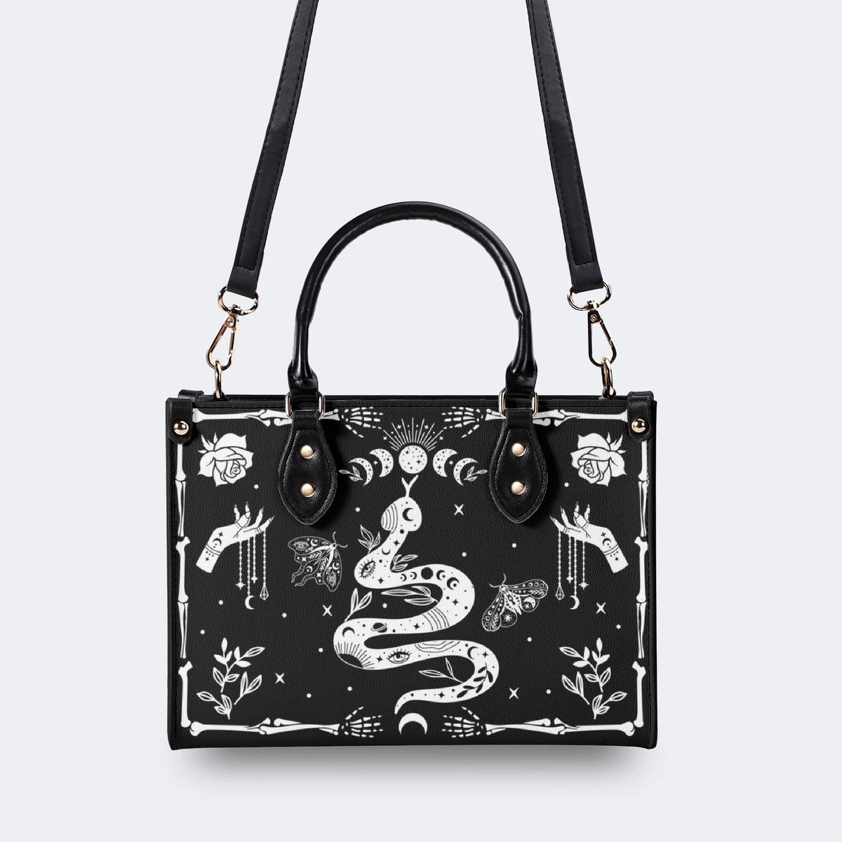 Snake And Beath Moth Print - Leather Handbag