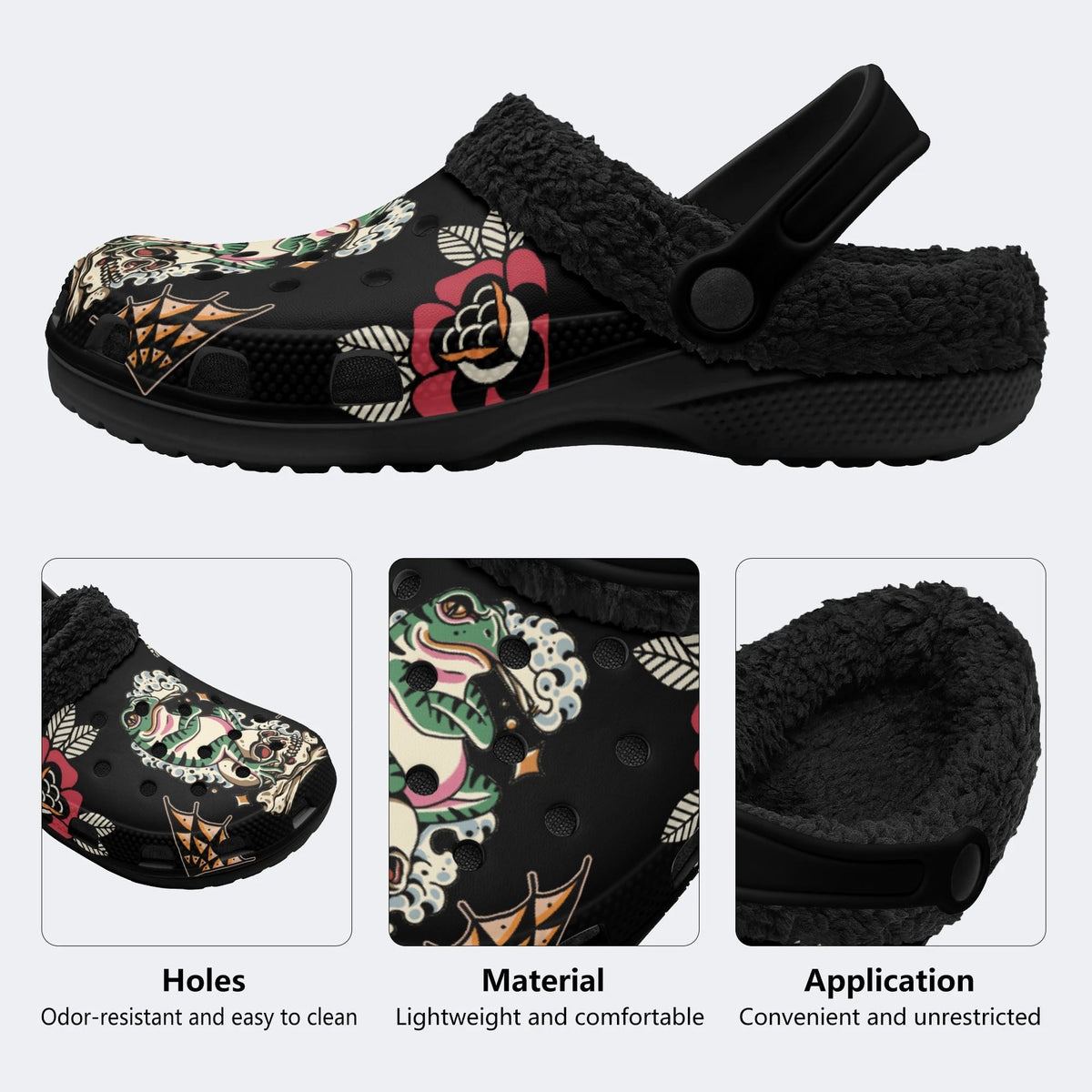 Traditional Skull & Frog Print - Fur Lined Slippers/Sandals