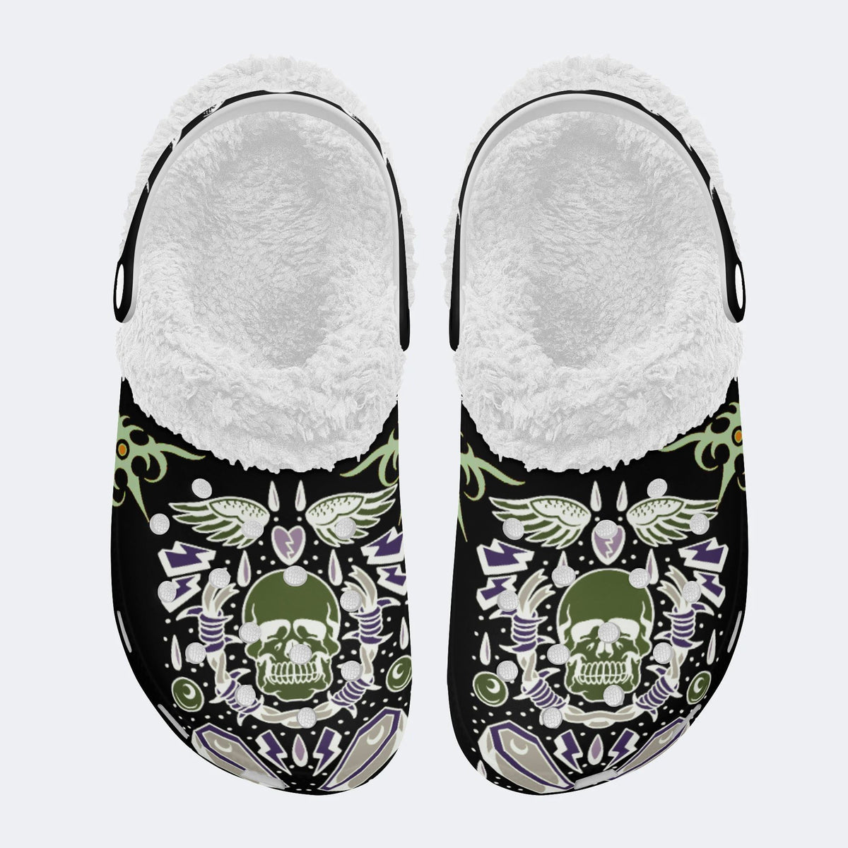 Horror Skull Skeleton Print - Fur Lined Slippers/Sandals