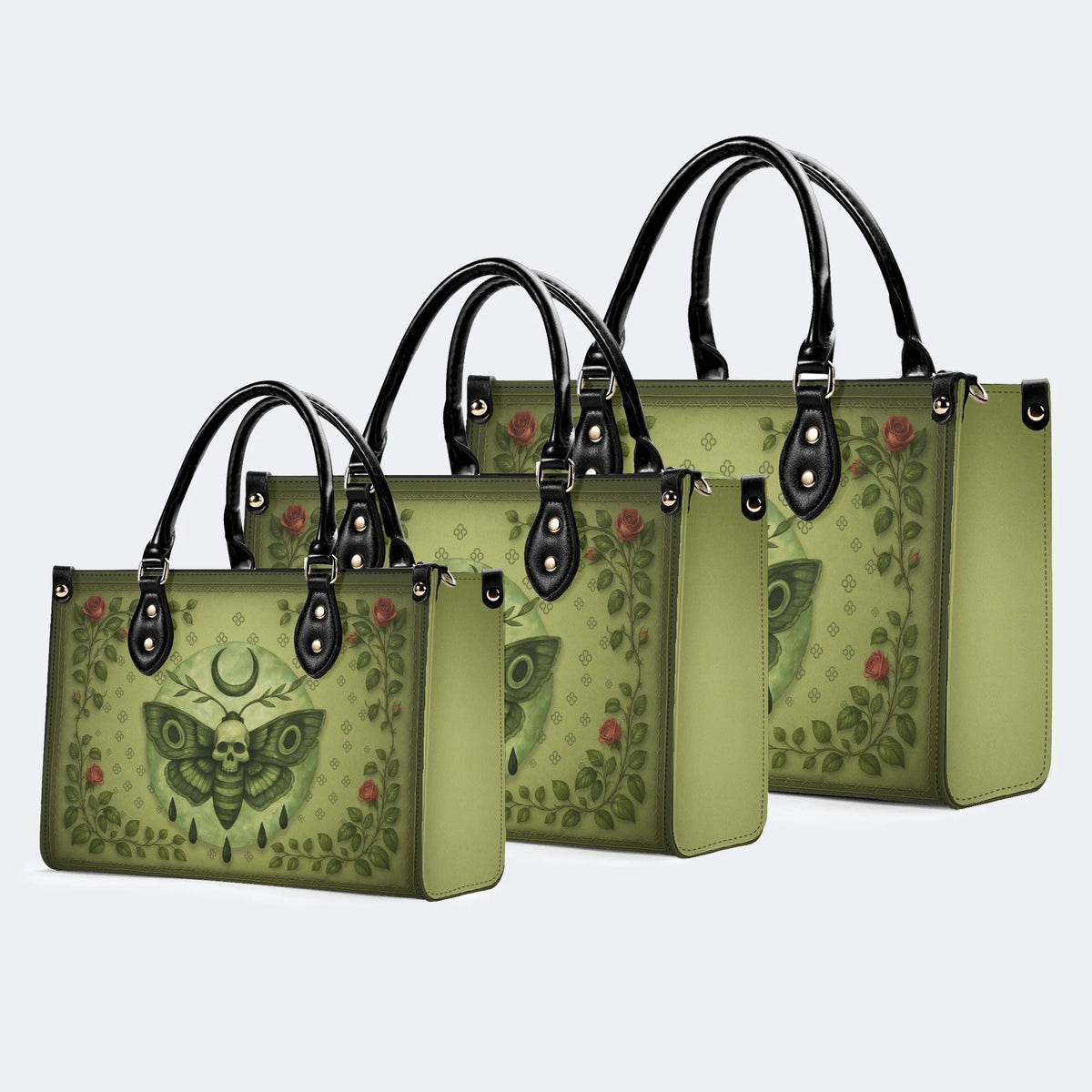 Green Death Moth Floral Print - Leather Handbag