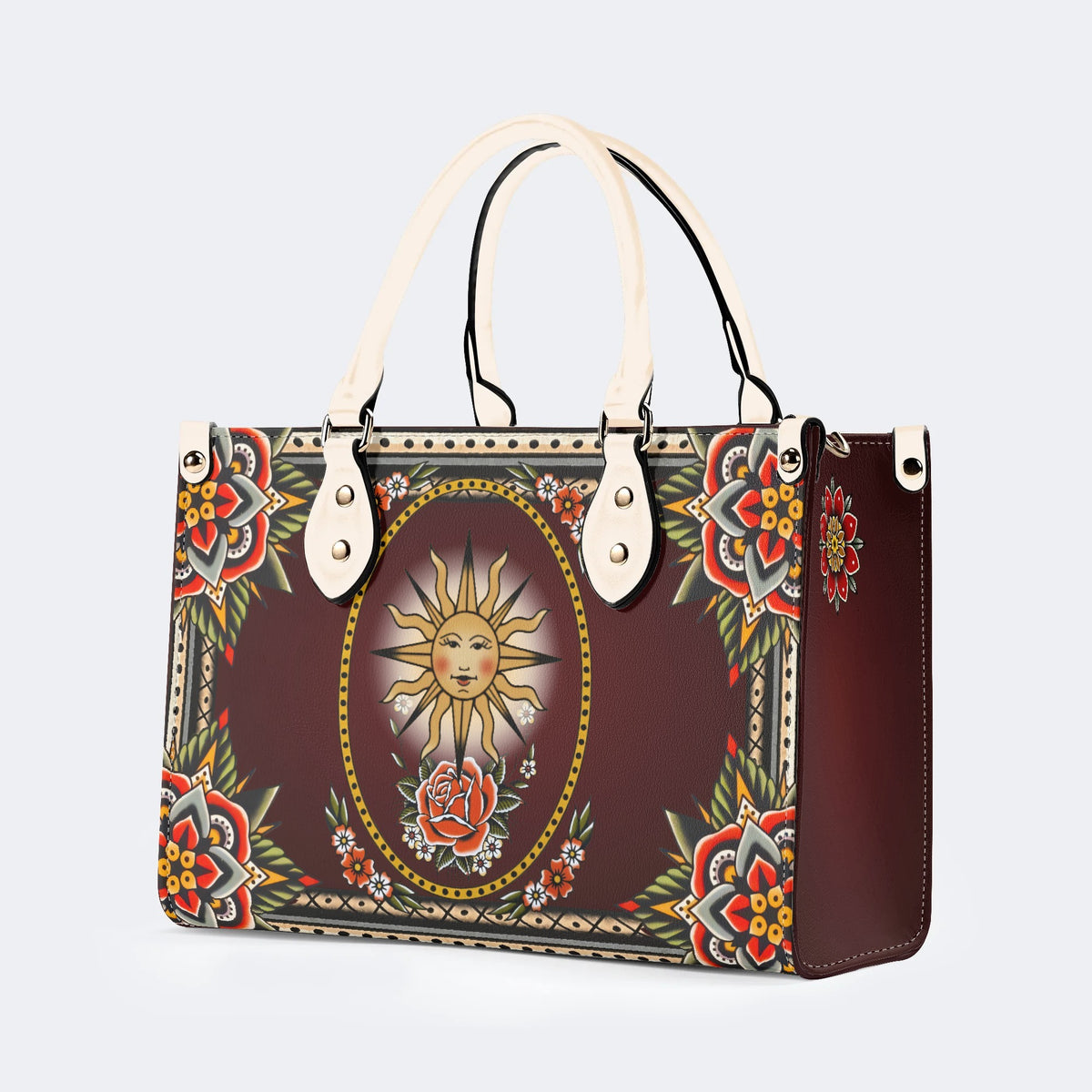 Vintage Smiling Sun Print - Leather Handbag