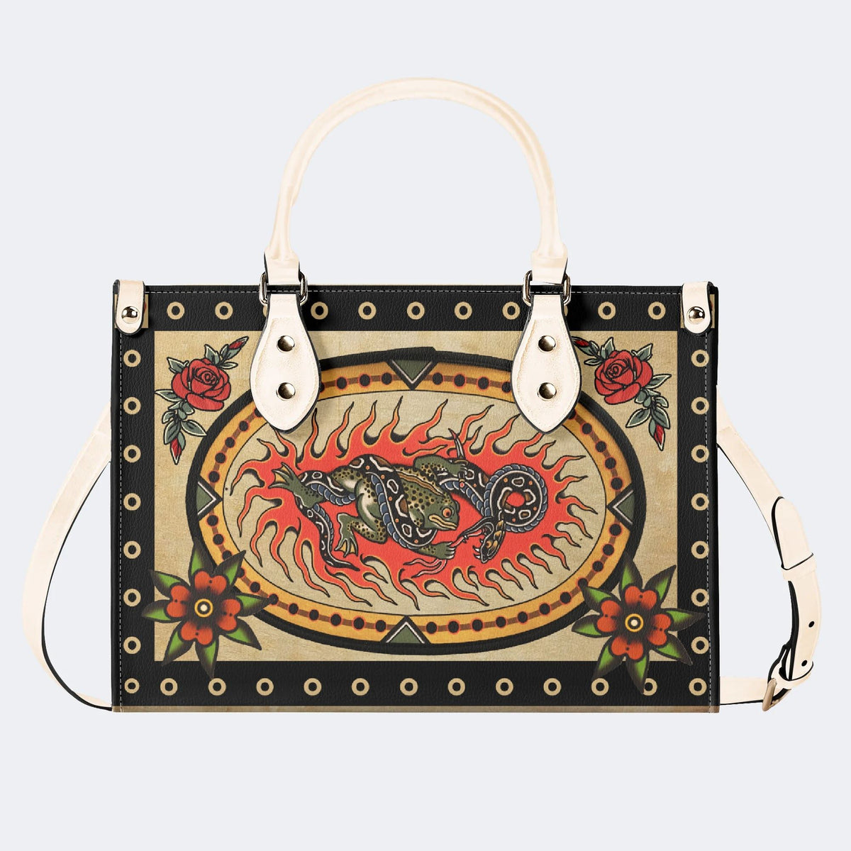 Retro Toad And Snake Print - Leather Handbag