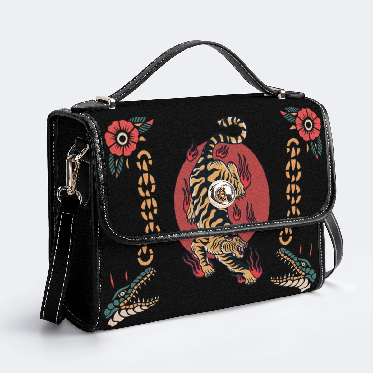 Old School Tiger & Crocodile Print - Leather Satchel Bag