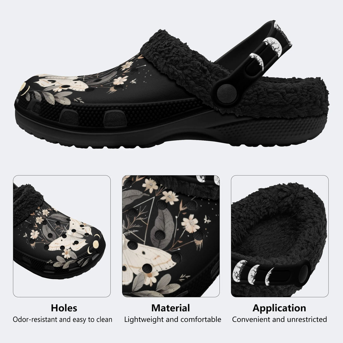 Vintage Floral Moth Print - Fur Lined Slippers/Sandals