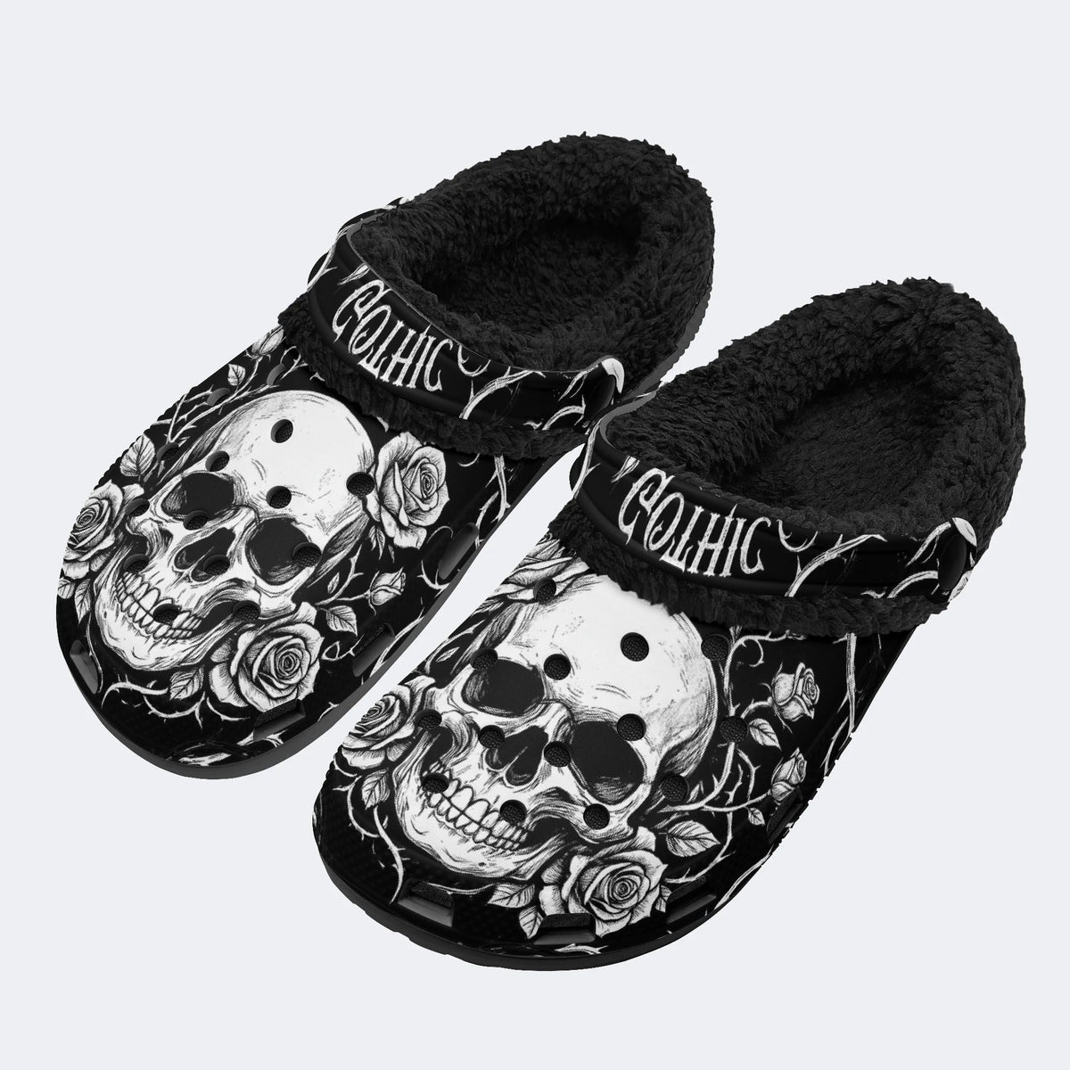 Gothic Monochrome Skull Rose Thorn‑Fur Lined Slippers/Sandals
