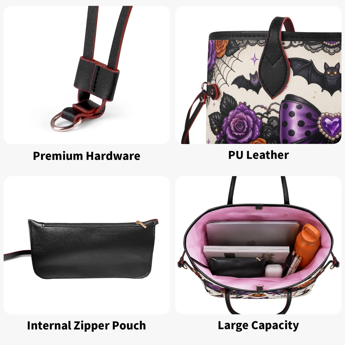 Halloween Bat Rose - Large capacity handbag